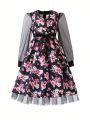 SHEIN Kids QTFun Girls' Gorgeous Floral Print Mesh Puff Sleeve Bubble Dress, For Tweens