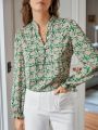SHEIN Frenchy Vintage Print V-Neck Blouse, With Ruffle Sleeves
