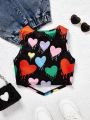 SHEIN Kids Y2Kool Girls' Love Heart Print Knit Asymmetric Hem Tank Top For Kids & Teenagers, Cute & Cool Sleeveless Knit Vest Top For Daily Wear
