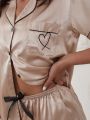 Heart Embroidery Knot Contrast Binding Satin PJ Set