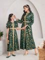 SHEIN Kids Nujoom Metallic Gold Floral Pattern Belted Dress