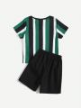 SHEIN Kids SPRTY Young Boy Round Neck Short Sleeve Striped Top And Shorts Casual Set