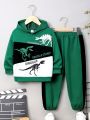 SHEIN Kids QTFun Boys' Casual And Comfortable Hoodie + Jogging Suit Set With Printed Pattern And Color Block Splicing