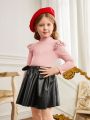 SHEIN Little Girls' Solid Color Stand Collar Short Puff Sleeves Beaded Joint Leisure T-Shirt