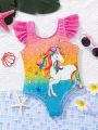 SHEIN Young Girl's Knitted Unicorn Pattern Ombre One-Piece Swimsuit For Casual Or Vacation Wear