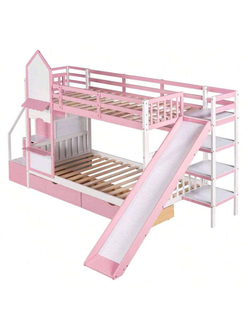 Merax Twin-Over-Twin Castle Style Bunk Bed with 2 Drawers 3 Shelves and Slide
