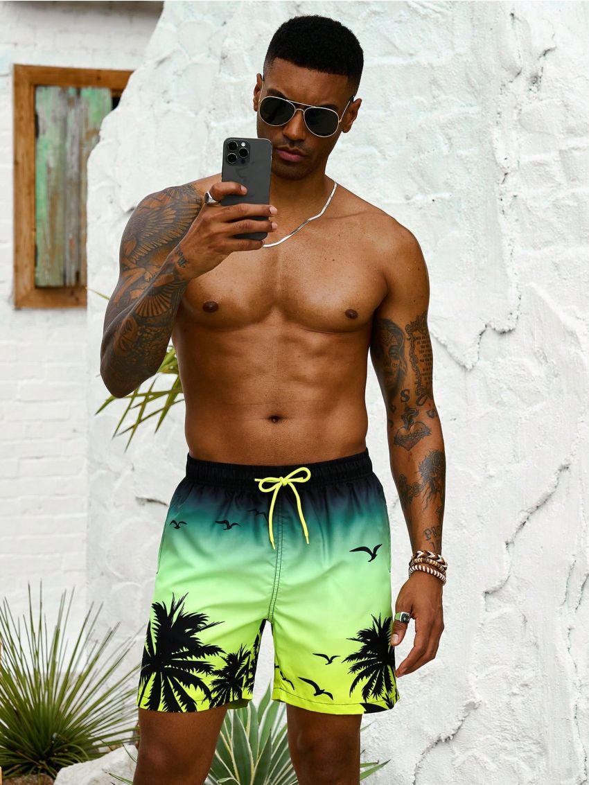 SHEIN Men's Palm Tree Print Drawstring Waist Board Shorts