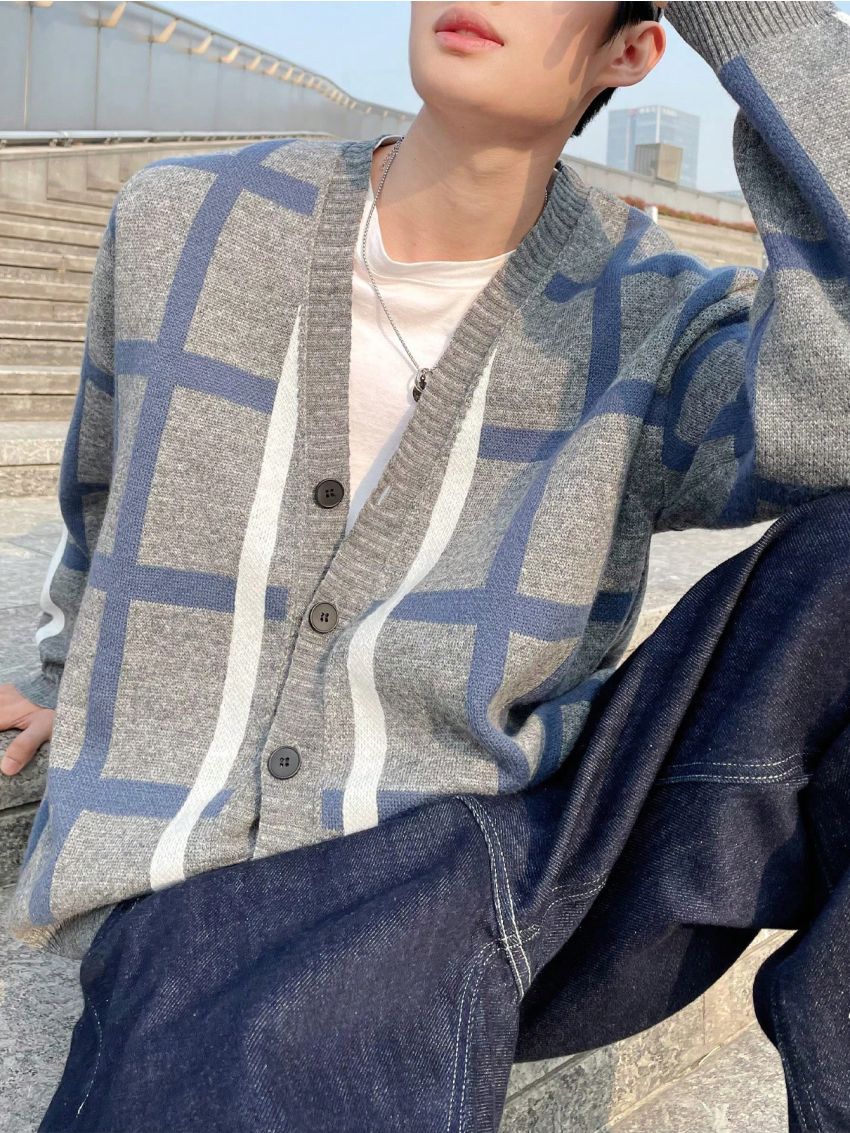 Men's Plaid Button-front Cardigan