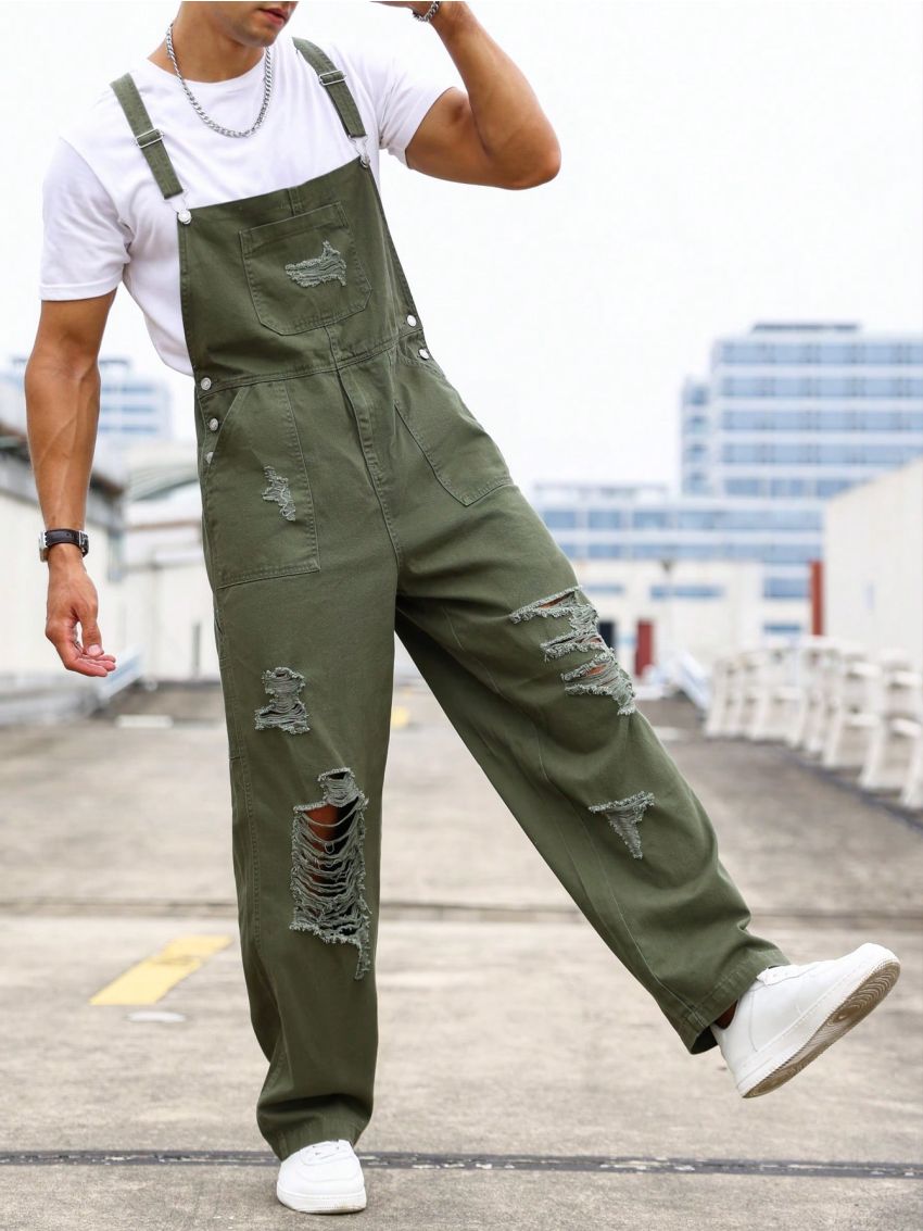 Men Ripped Slant Pocket Denim Overalls Without Tee