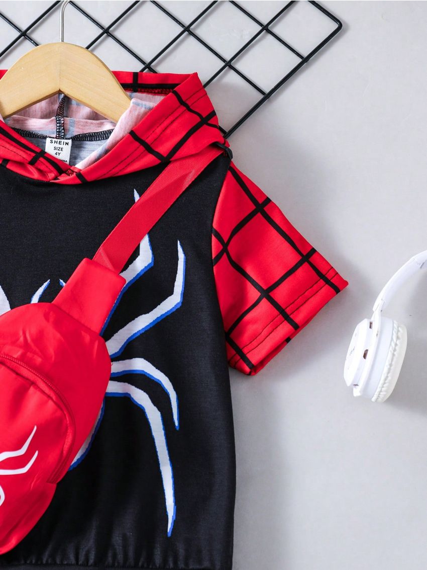 SHEIN Young Boy Spider Printed Short Sleeve Hoodie And Pants Set With Backpack, Summer