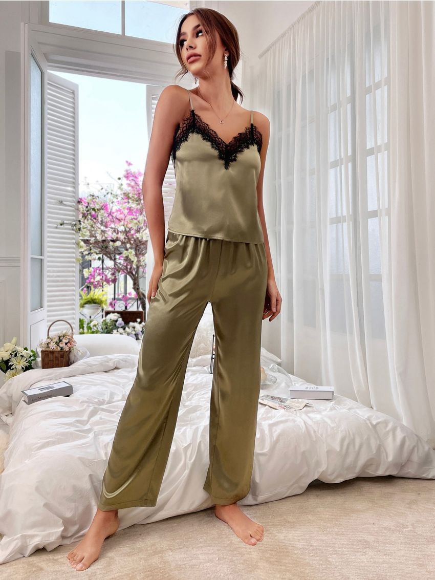Eyelash Lace Trim Satin Cami Top & Knot Pants PJ Set