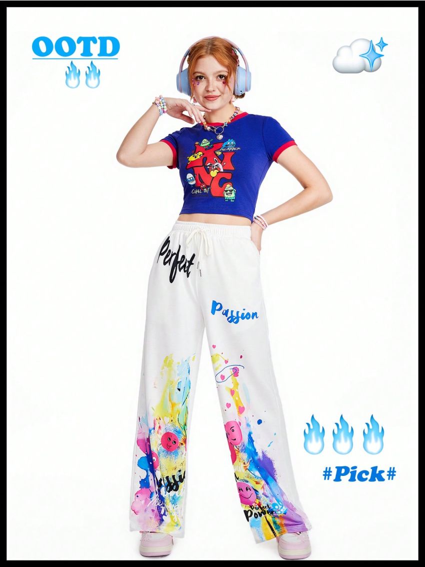 SHEINNeu Kidcore Dopamine Cartoon Graphic Casual Pants White Pants Concert Pants