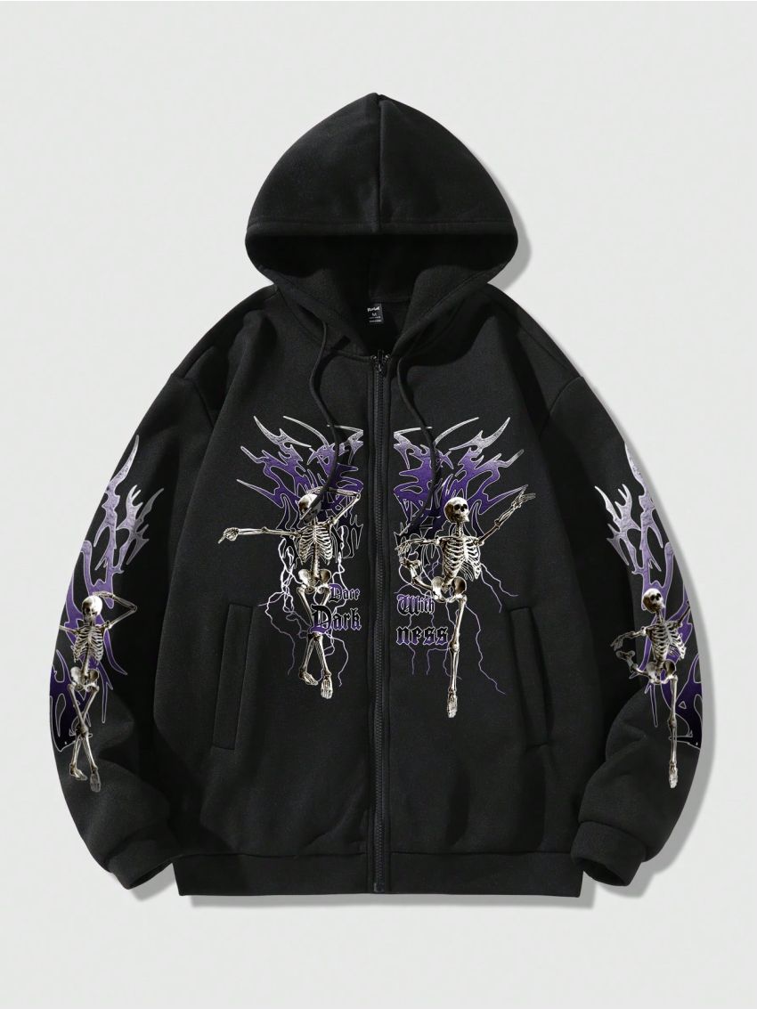 ROMWE Grunge Punk Men's Letter Skull Printed Zip Up Hoodie