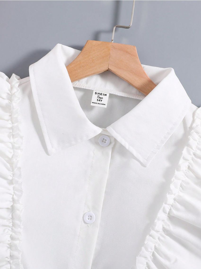 Girls Teen Ruffle Trim Button Up Shirt