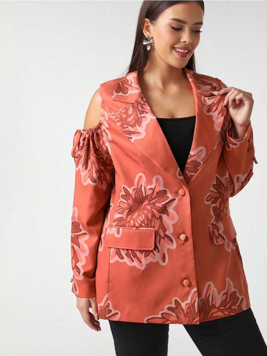FORREST Plus Floral Print Cold Shoulder Blazer