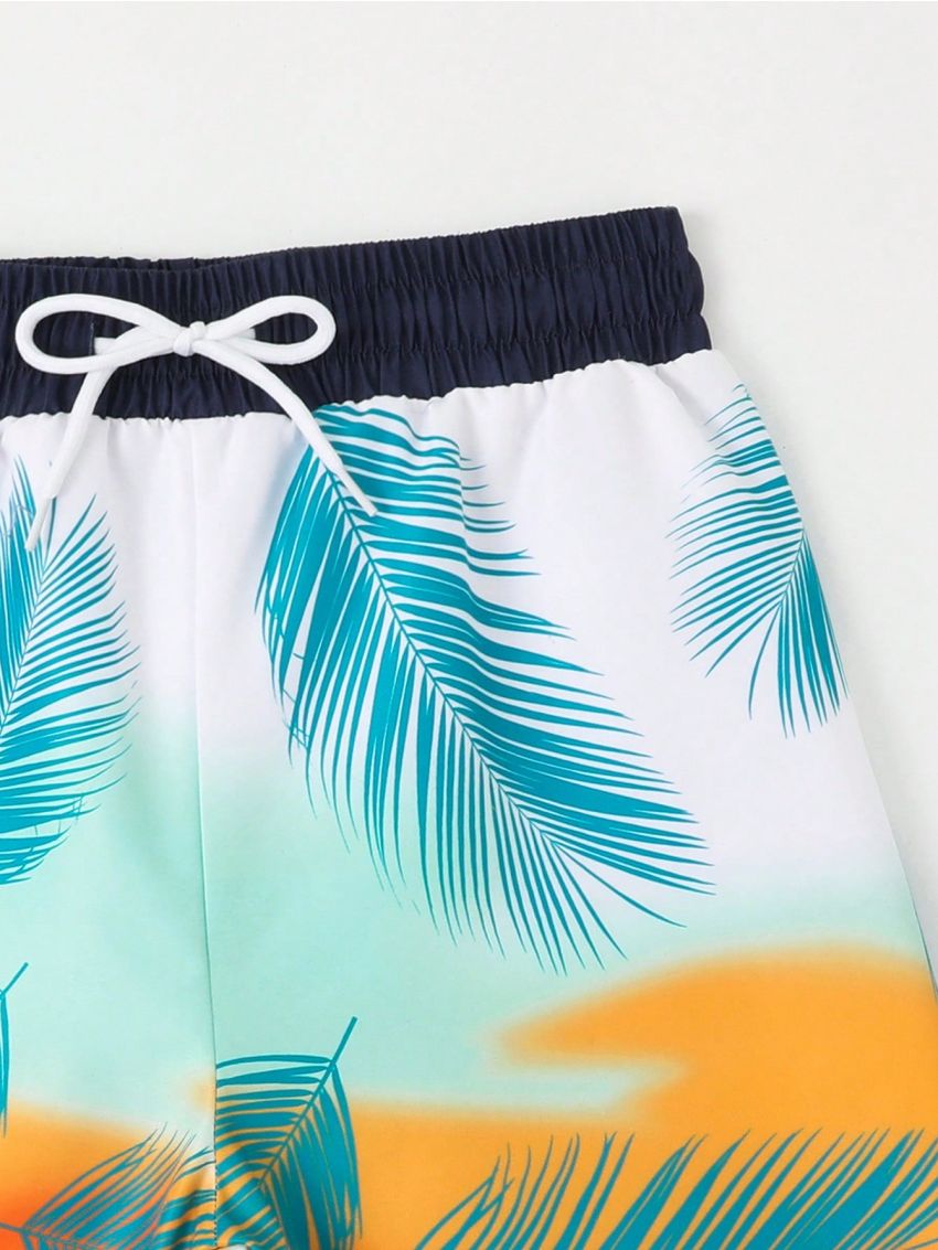 Boys' Feather Printed Drawstring Waist Swim Trunk Beach Shorts, For Teenagers