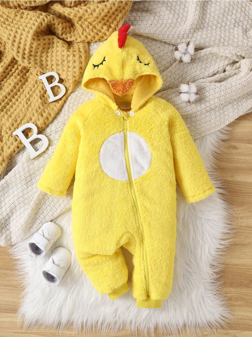 SHEIN Infant Boys' Cute Embroidered Duck Long Sleeve Plush Costume Winter Outfit