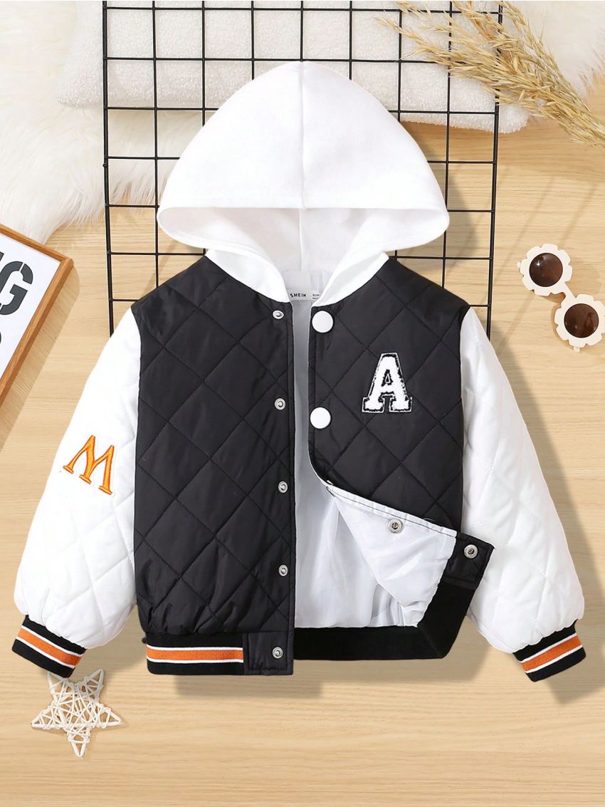 SHEIN Kids KDOMO Boys' Comfortable Casual Hooded Jacket With Letter Patchwork, Quilted, Diamond Grid, And Thicken Design