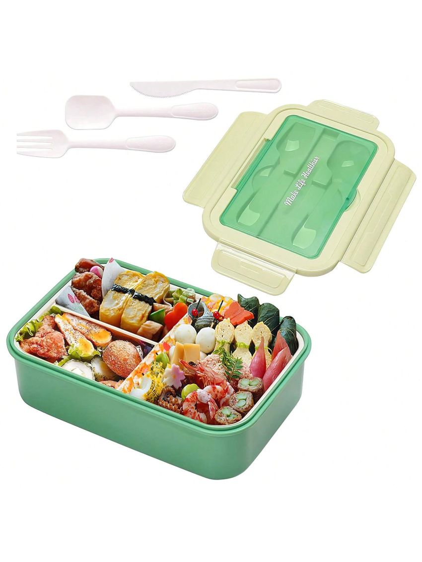 Bento Box for Adult, Lunch Box with 3 Compartments, Cutlery & Set of Knife and Fork, Large Dip Container, Cute Bento Box with Insulation Bag Optional, Phone Holder for Dining