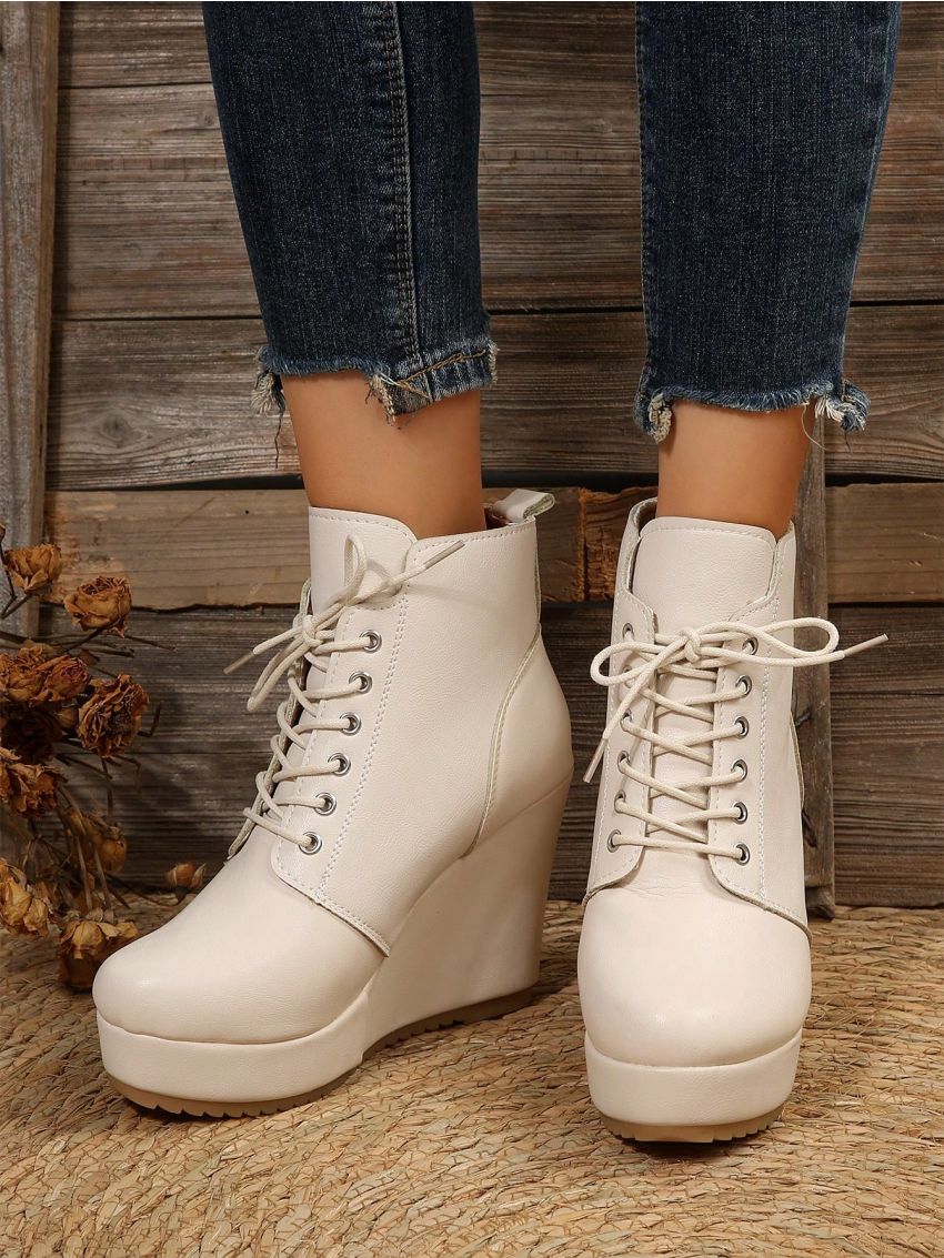 Women's White Wedge Lace-up Ankle Boots With Thick Sole