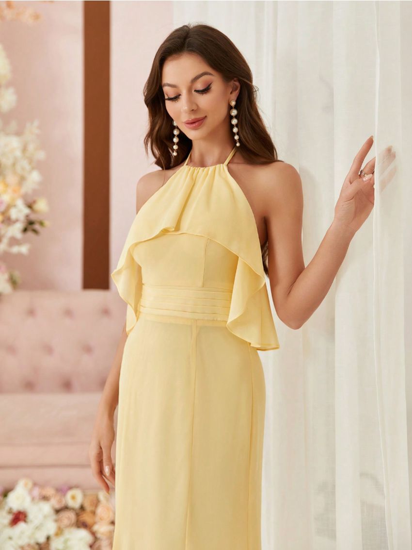 SHEIN Belle Chiffon Bridesmaid Dress With Halter Neck, Gathered Waist, Pleated Detail And Slight Fish Tail