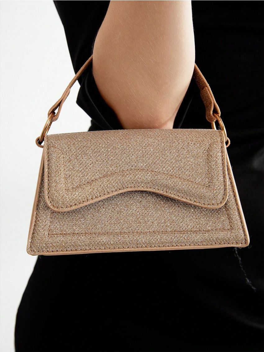 SHEIN BIZwear Women's Golden Flap Handbag, Compact And Delicate Design, Suitable For Dating, Parties, Dinners, Gatherings And Commuting