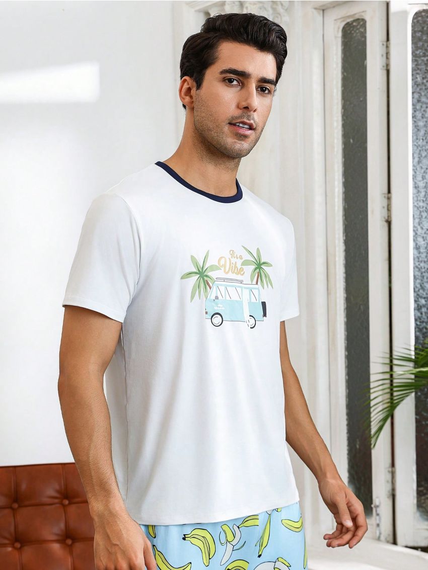 Men'S Short Sleeve Homewear Top With Car & Coconut Tree Print