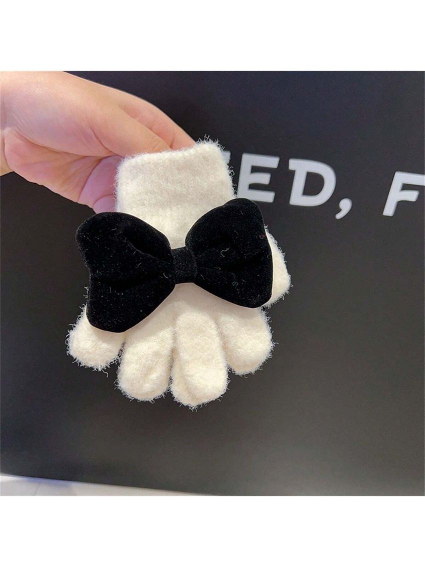 Winter Warm Baby Gloves With Fingers, For Toddler Girls With Cute Bowknot, Windproof And Thermal