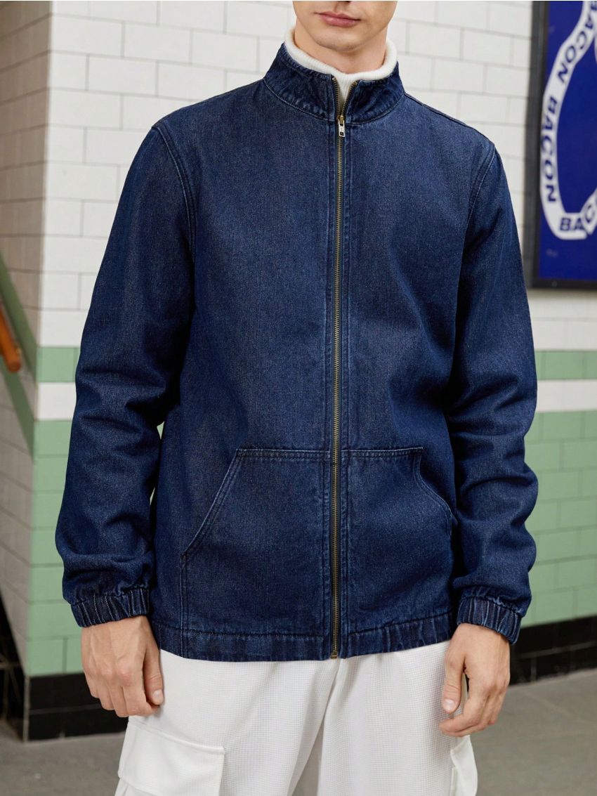 Manfinity Hypemode Men's Solid Color Half-high Collar Zipper Denim Jacket