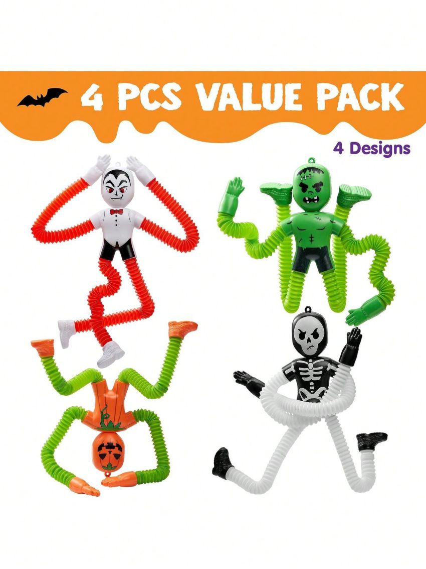 JOYIN 4 PCS Halloween Sensory Stretchy Fidget Toys, Stress Relief Telescopic Pop Tube Toys, Halloween Party Favors Children Gift, Pumpkin, Skeleton, Vampire, Kids Sensory Toys