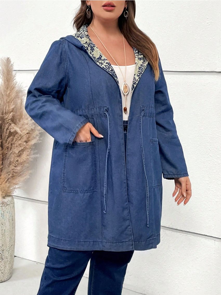 EMERY ROSE Plus Drawstring Waist Dual Pocket Hooded Denim Coat