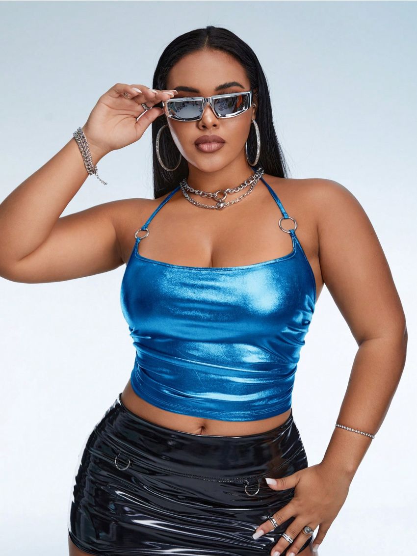 SHEIN ICON Plus Holographic Ruched Side Crop Halter Top