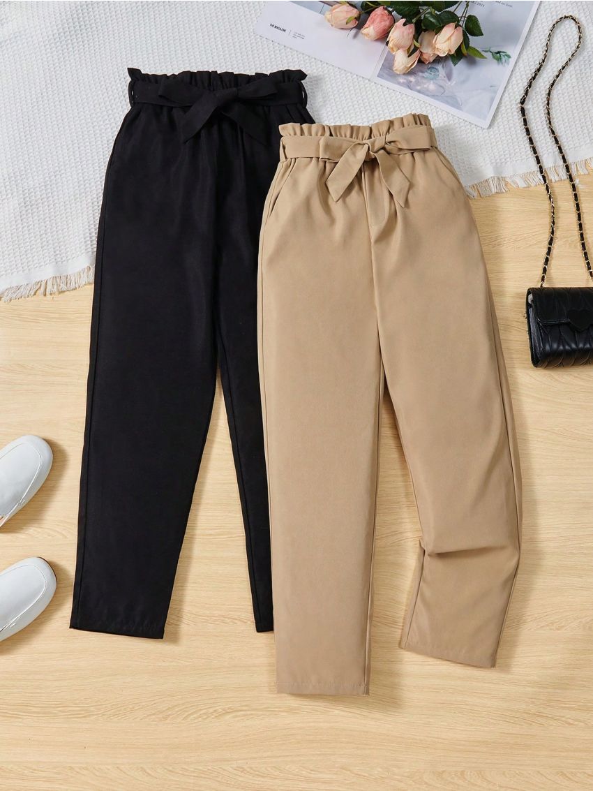 SHEIN Kids Nujoom Tween Girls' Casual Straight Wide Leg Pants With Paper Bag Waist (multiple Colors)