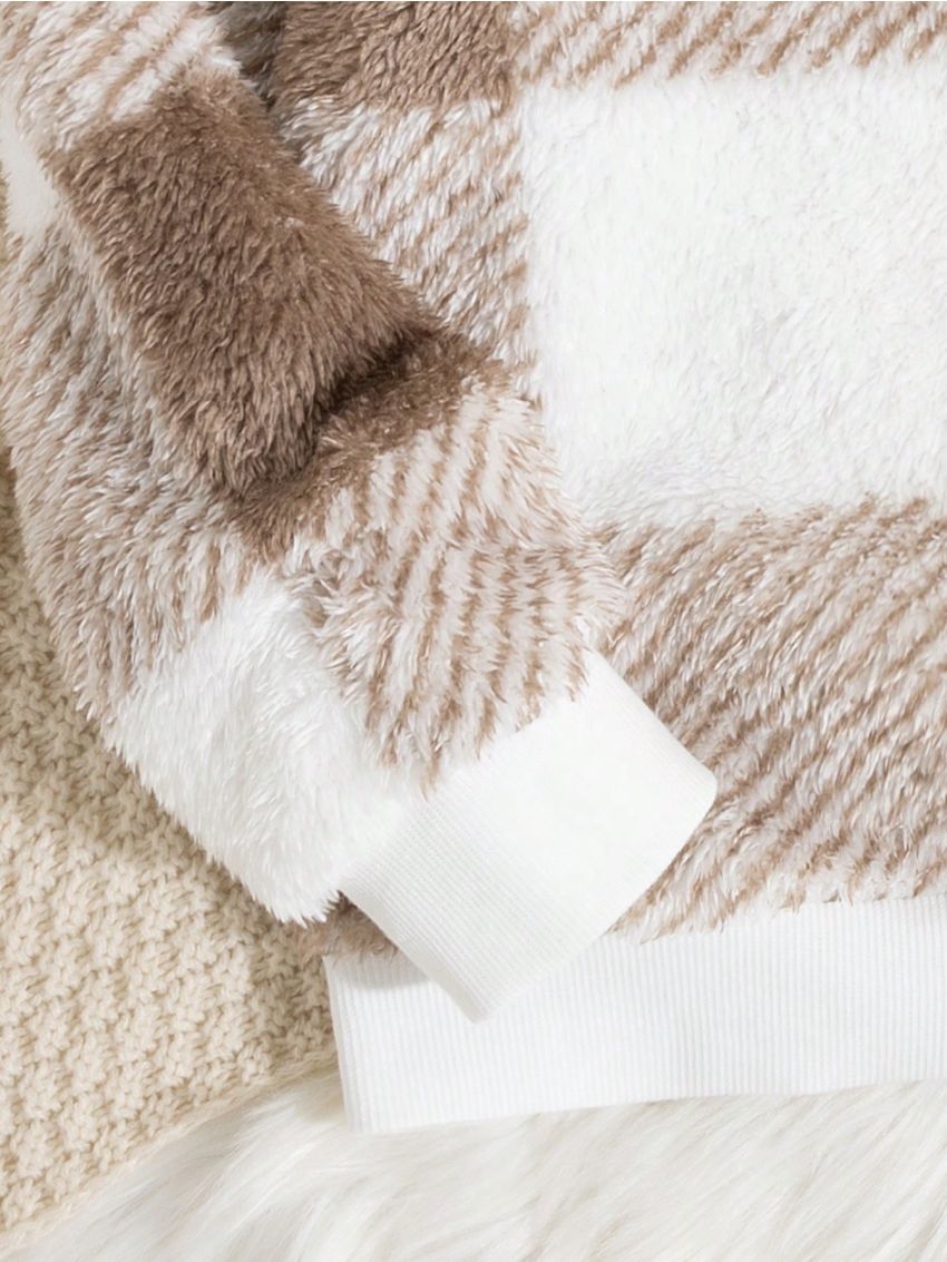 Mother And Daughter Matching Plaid Patchwork Fleece Sweatshirt In Multiple Colors For Daily Wear In Spring, Autumn And Winter