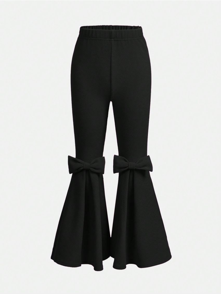 SHEIN Kids FANZEY Tween Girls' Solid Color Skinny Bell-Bottom Pants With Bow Detail
