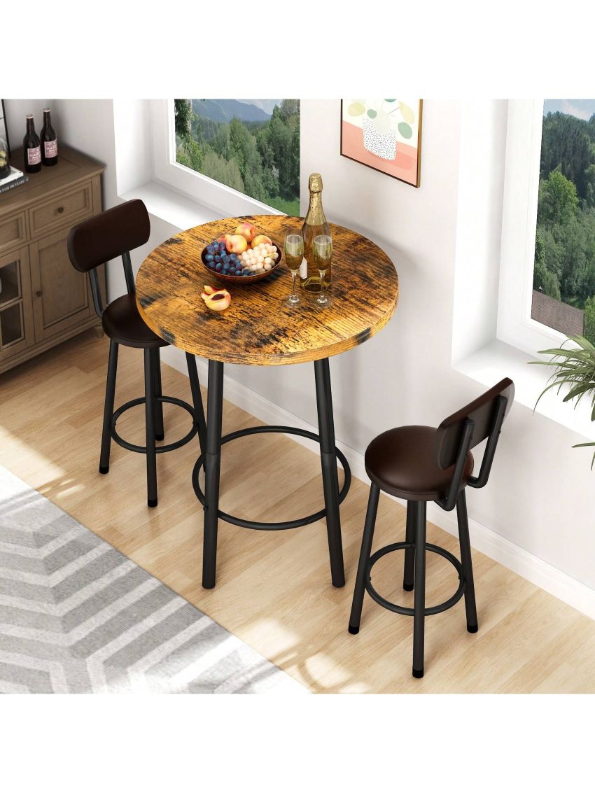 3 Piece Pub Dining Set, Modern Round bar Table and Stools for 2, Kitchen Counter Height Wood Top Bistro, Easy Assemble for Breakfast Nook, Living Room, Small Space, Restaurant