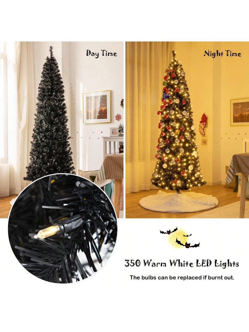 Gymax 6/7 FT Pre-lit Black Christmas Tree Artificial PVC Slim Pencil Halloween Tree
