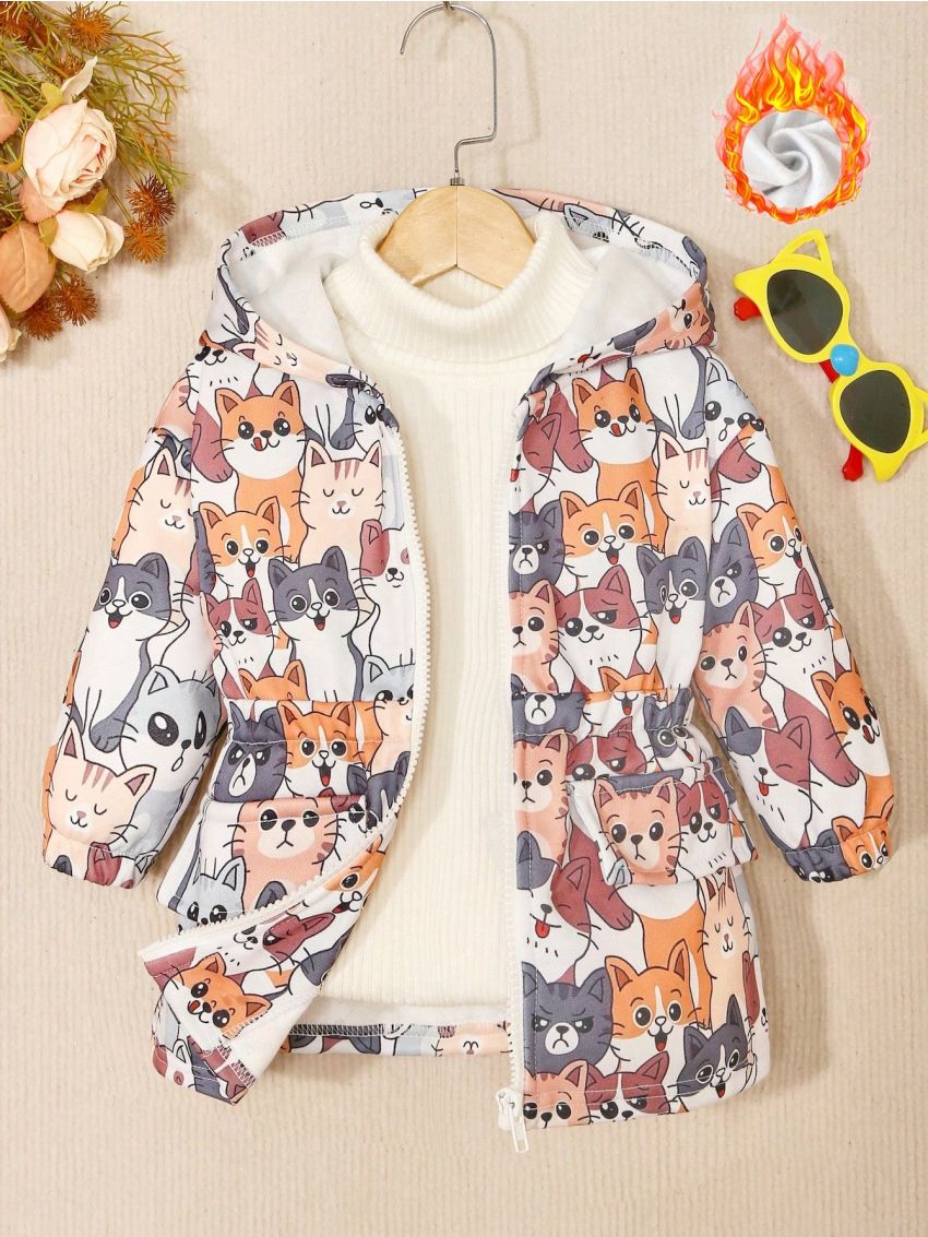 Baby Girls' Cute & Vivid Cat Print Plus Velvet Hooded Jacket