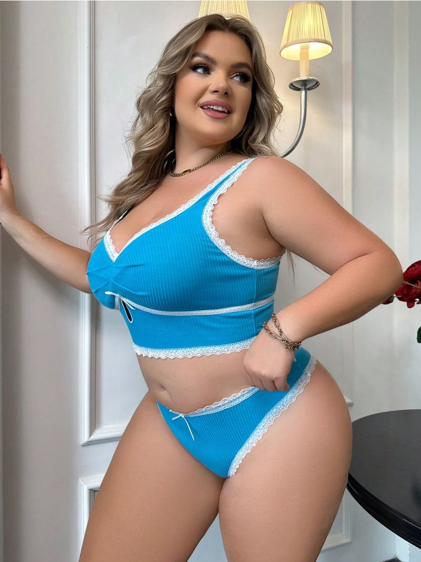 Plus Lace Trim Cut Out Bow Front Lingerie Set