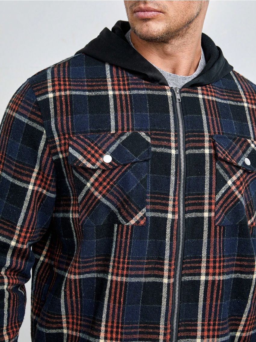 SHEIN Extended Sizes Men Plus Plaid Print Flap Pocket Hooded Overcoat