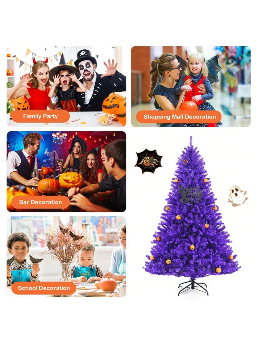 Costway 7ft Pre-lit Purple Halloween Christmas Tree w/ Orange Lights Pumpkin Decorations