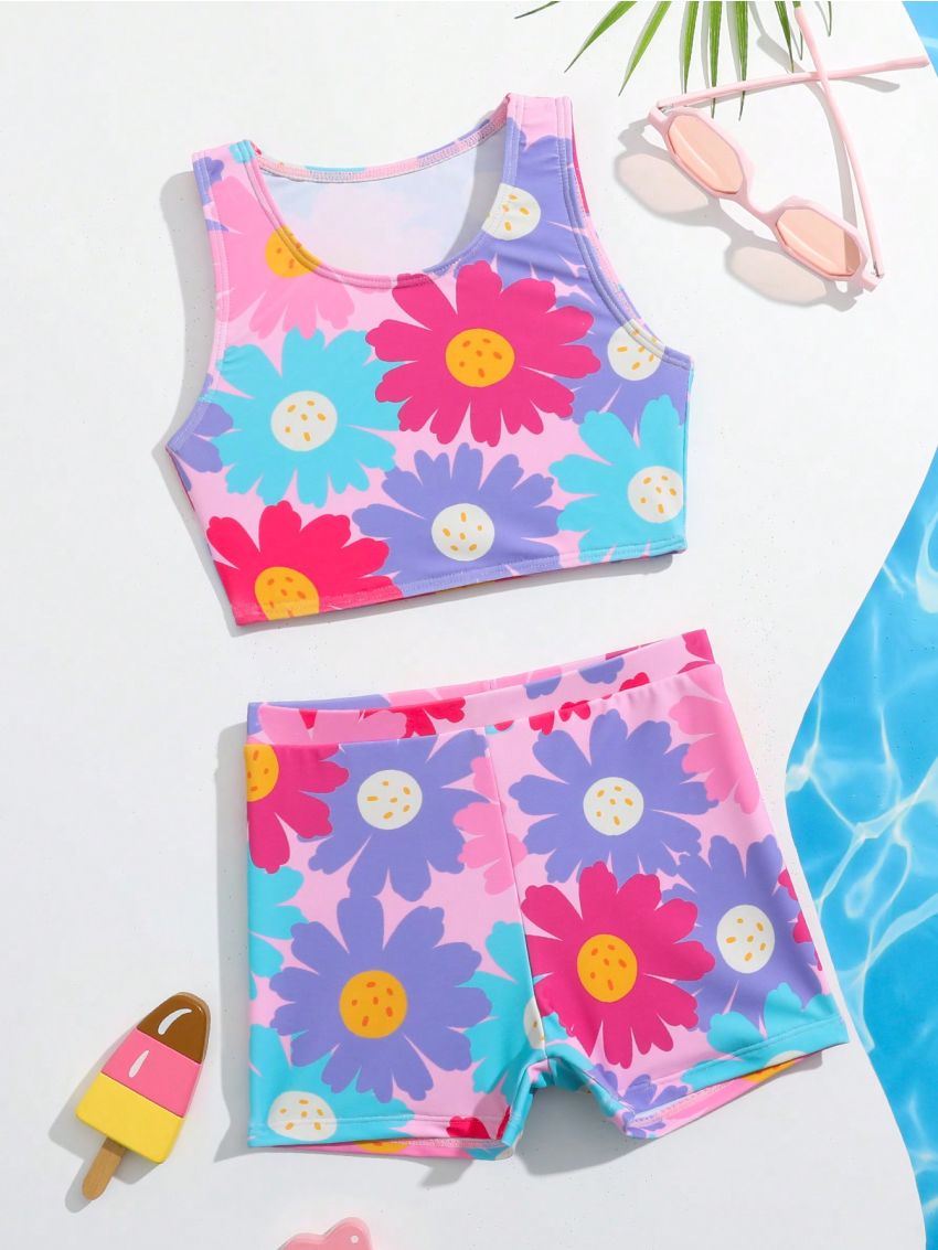 Little Girls' Cartoon Print Sleeveless Bikini Set