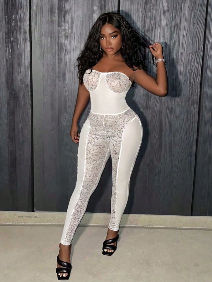 SHEIN Slayr Women'S Strapless Mesh & Sequin Embellished Printed Unitard Jumpsuit