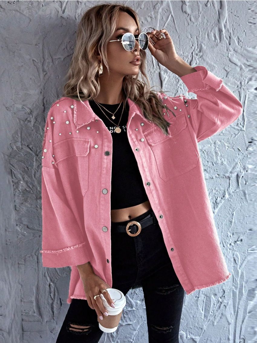 SHEIN LUNE Pearls Beaded Drop Shoulder Raw Hem Coat