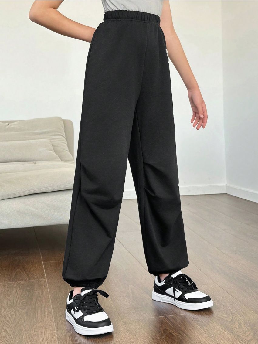 SHEIN Kids SUNSHNE Tween Girls' Knitted Solid-Colored Jogger Sweatpants With Patch Detail, Loose Fit And Elastic Cuffs