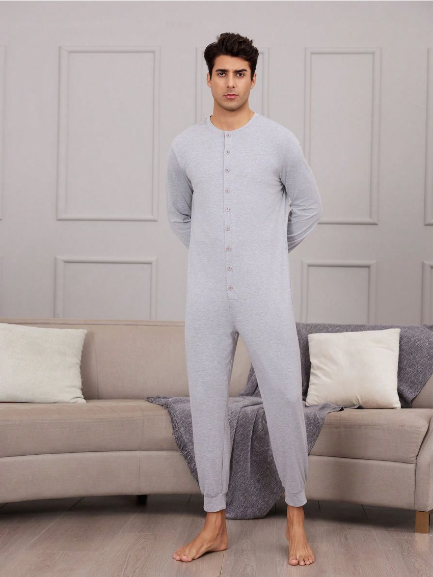 Men'S Solid Color Front Buttoned Jumpsuit For Home Wear