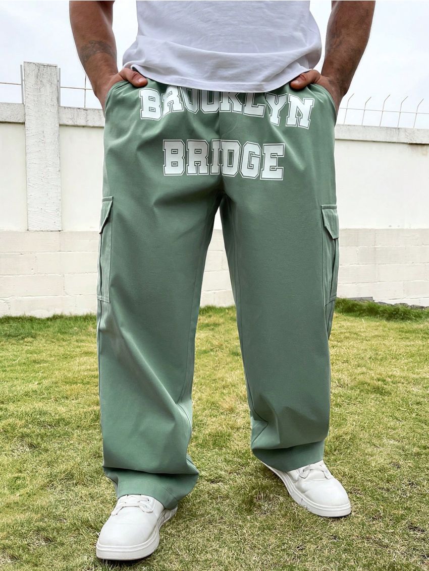 Manfinity Sporsity Men's Plus Size Cargo Pants With Letter Print And Pockets