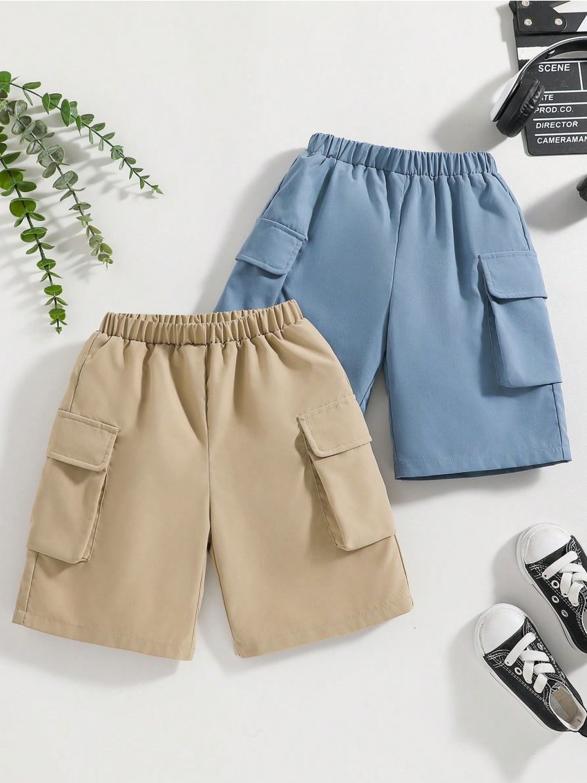 SHEIN Kids EVRYDAY 2pcs Young Boys' Casual Sporty Street Style Shorts Set With 3d Pocket, Suitable For Daily Wear, School, Travel, Outdoors And Sports, Perfect For Spring And Summer