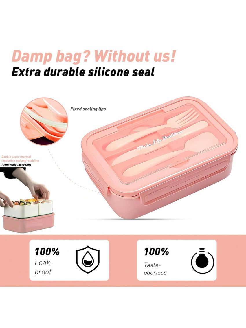 Bento Box for Adult, Lunch Box with 3 Compartments, Cutlery & Set of Knife and Fork, Large Dip Container, Cute Bento Box with Insulation Bag Optional, Phone Holder for Dining