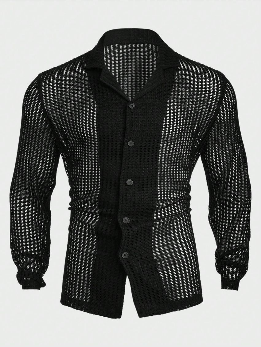 Manfinity Homme Men's Knitted Single-Breasted Black Short Sleeve Shirt